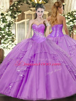 Trendy Lavender Ball Gowns Tulle Sweetheart Sleeveless Beading and Ruffles Floor Length Side Zipper Sweet 16 Dresses