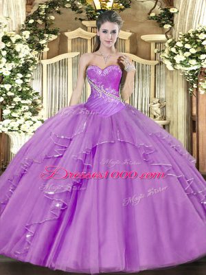 Trendy Lavender Ball Gowns Tulle Sweetheart Sleeveless Beading and Ruffles Floor Length Side Zipper Sweet 16 Dresses