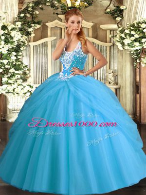 Aqua Blue Sleeveless Beading and Pick Ups Floor Length Sweet 16 Quinceanera Dress