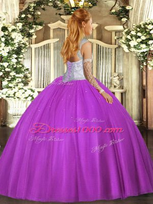 Floor Length Fuchsia Quinceanera Dresses Scoop Sleeveless Lace Up