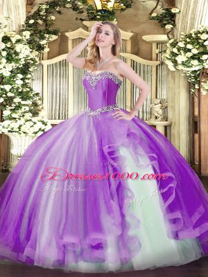 Stunning Beading and Ruffles Quince Ball Gowns Lavender Lace Up Sleeveless Floor Length