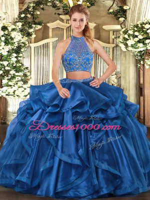 Pretty Blue Two Pieces Beading and Ruffled Layers Quince Ball Gowns Criss Cross Organza Sleeveless Floor Length