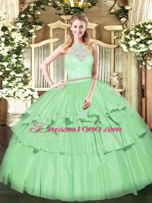 Flirting Sleeveless Floor Length Lace and Ruffled Layers Zipper Quinceanera Dresses with Apple Green