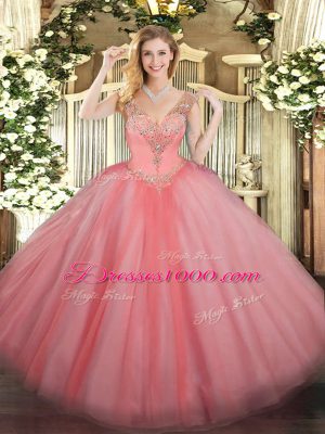 Dynamic Floor Length Watermelon Red 15 Quinceanera Dress Tulle Sleeveless Beading