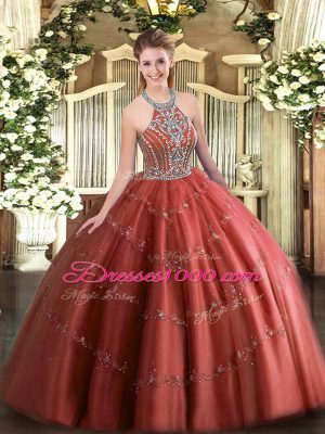 Floor Length Wine Red Quinceanera Gowns Tulle Sleeveless Beading and Appliques