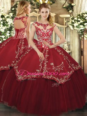 Deluxe Wine Red Scoop Neckline Beading and Appliques and Embroidery Quinceanera Dress Cap Sleeves Lace Up