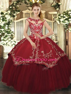 Deluxe Wine Red Scoop Neckline Beading and Appliques and Embroidery Quinceanera Dress Cap Sleeves Lace Up
