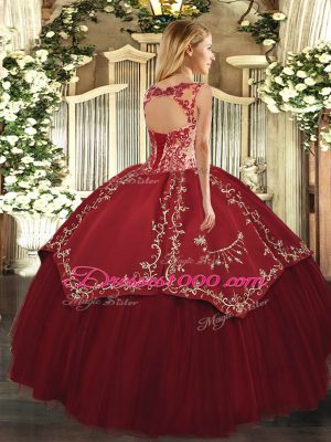 Deluxe Wine Red Scoop Neckline Beading and Appliques and Embroidery Quinceanera Dress Cap Sleeves Lace Up