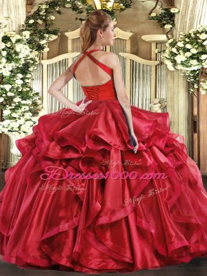 Vintage Floor Length Wine Red Vestidos de Quinceanera Halter Top Sleeveless Lace Up
