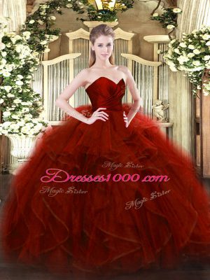 Sumptuous Wine Red Ball Gowns Tulle Sweetheart Sleeveless Ruffles Floor Length Zipper Sweet 16 Dress