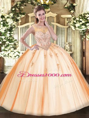 Simple Tulle Scoop Sleeveless Zipper Beading and Appliques Quinceanera Dress in Peach