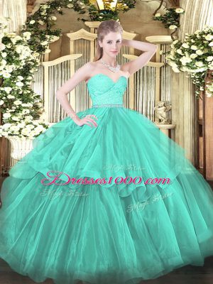 Turquoise Ball Gowns Beading and Lace and Ruffled Layers 15th Birthday Dress Zipper Tulle Sleeveless