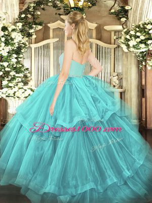 Turquoise Ball Gowns Beading and Lace and Ruffled Layers 15th Birthday Dress Zipper Tulle Sleeveless