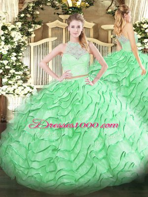 Apple Green Sleeveless Lace and Ruffles Zipper Sweet 16 Quinceanera Dress