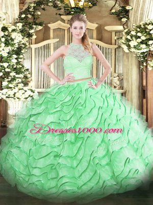 Apple Green Sleeveless Lace and Ruffles Zipper Sweet 16 Quinceanera Dress