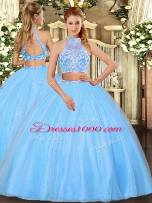 Glorious Aqua Blue Sleeveless Tulle Criss Cross Quinceanera Gown for Military Ball and Sweet 16 and Quinceanera