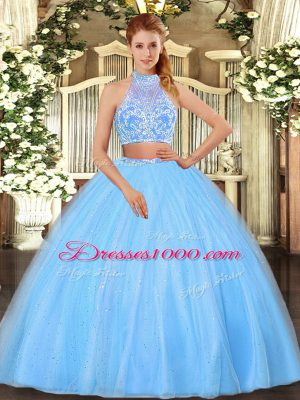 Glorious Aqua Blue Sleeveless Tulle Criss Cross Quinceanera Gown for Military Ball and Sweet 16 and Quinceanera