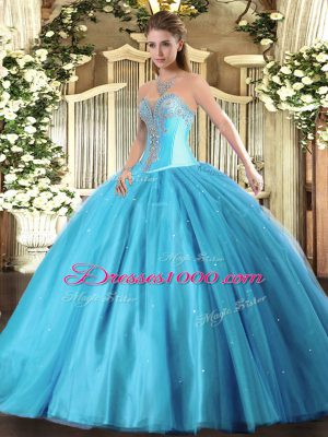 Great Floor Length Aqua Blue Quinceanera Gown Sweetheart Sleeveless Lace Up