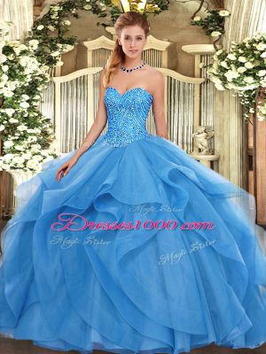 Baby Blue Sleeveless Floor Length Beading and Ruffles Lace Up Quinceanera Gown