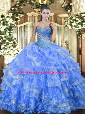 High End Organza Sleeveless Floor Length Sweet 16 Dress and Beading and Ruffled Layers