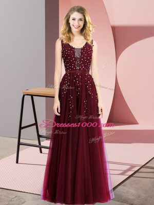Custom Designed Burgundy Tulle Backless Square Sleeveless Floor Length Casual Dresses Beading and Appliques