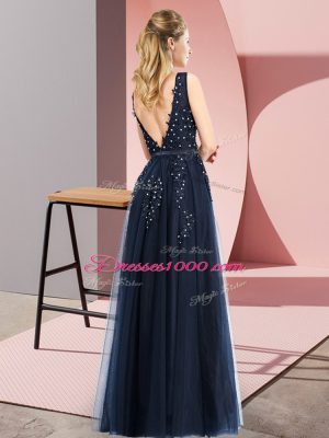 Custom Designed Burgundy Tulle Backless Square Sleeveless Floor Length Casual Dresses Beading and Appliques