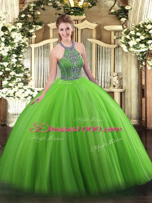 Stunning Halter Top Sleeveless Lace Up Sweet 16 Quinceanera Dress Green Tulle
