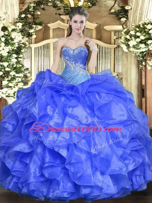 Free and Easy Sleeveless Floor Length Beading and Ruffles Lace Up Quinceanera Gowns with Blue