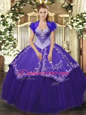 Sweetheart Sleeveless 15th Birthday Dress Floor Length Beading and Embroidery Purple Satin and Tulle