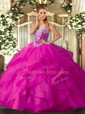 High Quality Fuchsia Ball Gowns Tulle Straps Sleeveless Beading and Ruffles Floor Length Lace Up Vestidos de Quinceanera