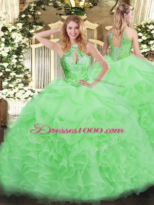 Custom Design Ball Gowns Halter Top Sleeveless Organza Floor Length Lace Up Beading Ball Gown Prom Dress