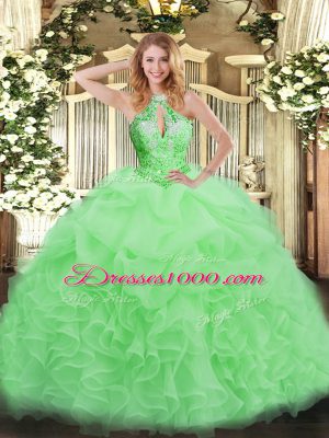 Custom Design Ball Gowns Halter Top Sleeveless Organza Floor Length Lace Up Beading Ball Gown Prom Dress