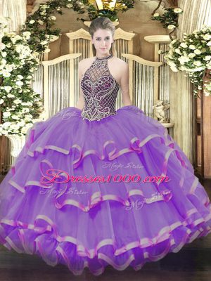 Eggplant Purple Lace Up Halter Top Beading and Ruffles Quince Ball Gowns Organza Sleeveless