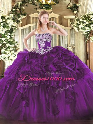 Hot Selling Dark Purple Sleeveless Organza Lace Up Quinceanera Dresses for Military Ball and Sweet 16 and Quinceanera