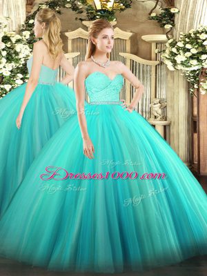 Sleeveless Floor Length Beading and Lace Zipper Quinceanera Gowns with Turquoise