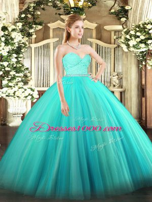 Sleeveless Floor Length Beading and Lace Zipper Quinceanera Gowns with Turquoise