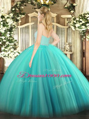 Sleeveless Floor Length Beading and Lace Zipper Quinceanera Gowns with Turquoise