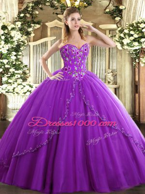 Nice Brush Train Ball Gowns Sweet 16 Dress Eggplant Purple Sweetheart Tulle Sleeveless Lace Up