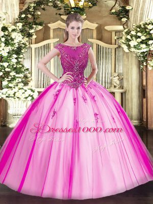 Superior Tulle Scoop Cap Sleeves Lace Up Beading and Appliques Sweet 16 Quinceanera Dress in Fuchsia