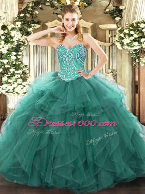 Turquoise Ball Gowns Tulle Sweetheart Sleeveless Beading and Ruffles Floor Length Lace Up Quinceanera Gowns