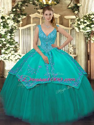 Turquoise Sleeveless Beading and Embroidery Floor Length Quince Ball Gowns