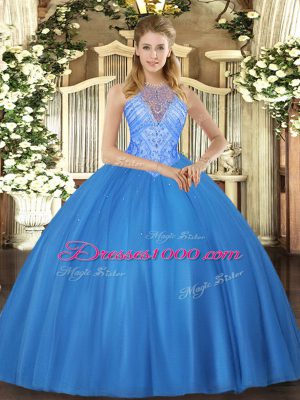 Hot Selling Baby Blue Sleeveless Tulle Lace Up Vestidos de Quinceanera for Military Ball and Sweet 16 and Quinceanera