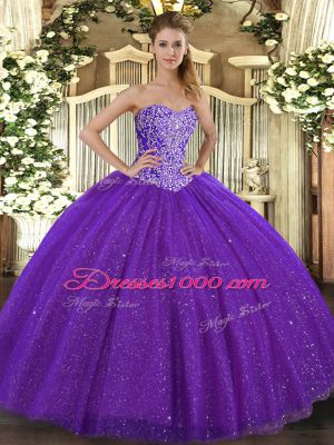 Low Price Purple Tulle Lace Up Sweet 16 Quinceanera Dress Sleeveless Floor Length Beading