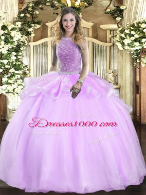 High-neck Sleeveless Quinceanera Dress Floor Length Beading Lilac Organza