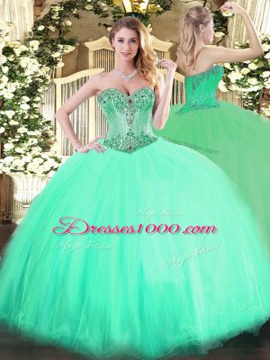 Fashion Aqua Blue Ball Gowns Tulle Sweetheart Sleeveless Beading Floor Length Lace Up 15 Quinceanera Dress