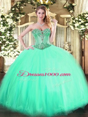 Fashion Aqua Blue Ball Gowns Tulle Sweetheart Sleeveless Beading Floor Length Lace Up 15 Quinceanera Dress