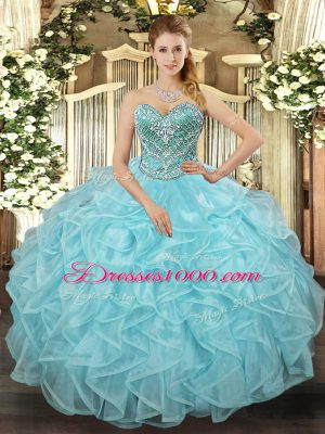 Aqua Blue Sweetheart Lace Up Beading and Ruffled Layers Quinceanera Gown Sleeveless