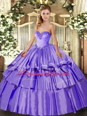 Lavender Ball Gowns Sweetheart Sleeveless Organza and Taffeta Floor Length Lace Up Beading and Ruffled Layers 15th Birthday Dress