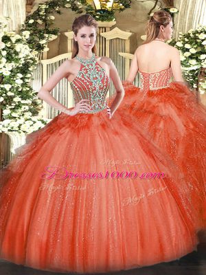 Noble Halter Top Sleeveless Tulle Quince Ball Gowns Beading and Ruffles Lace Up