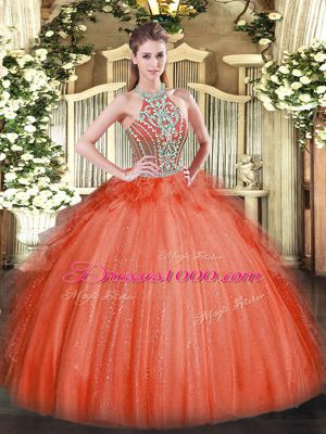Noble Halter Top Sleeveless Tulle Quince Ball Gowns Beading and Ruffles Lace Up